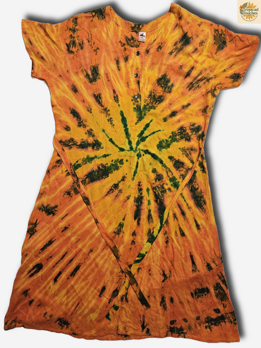Handmade Batik Shirt Dress Tie-Dye Orange Green Spiral 100% Cotton Sri Lanka M