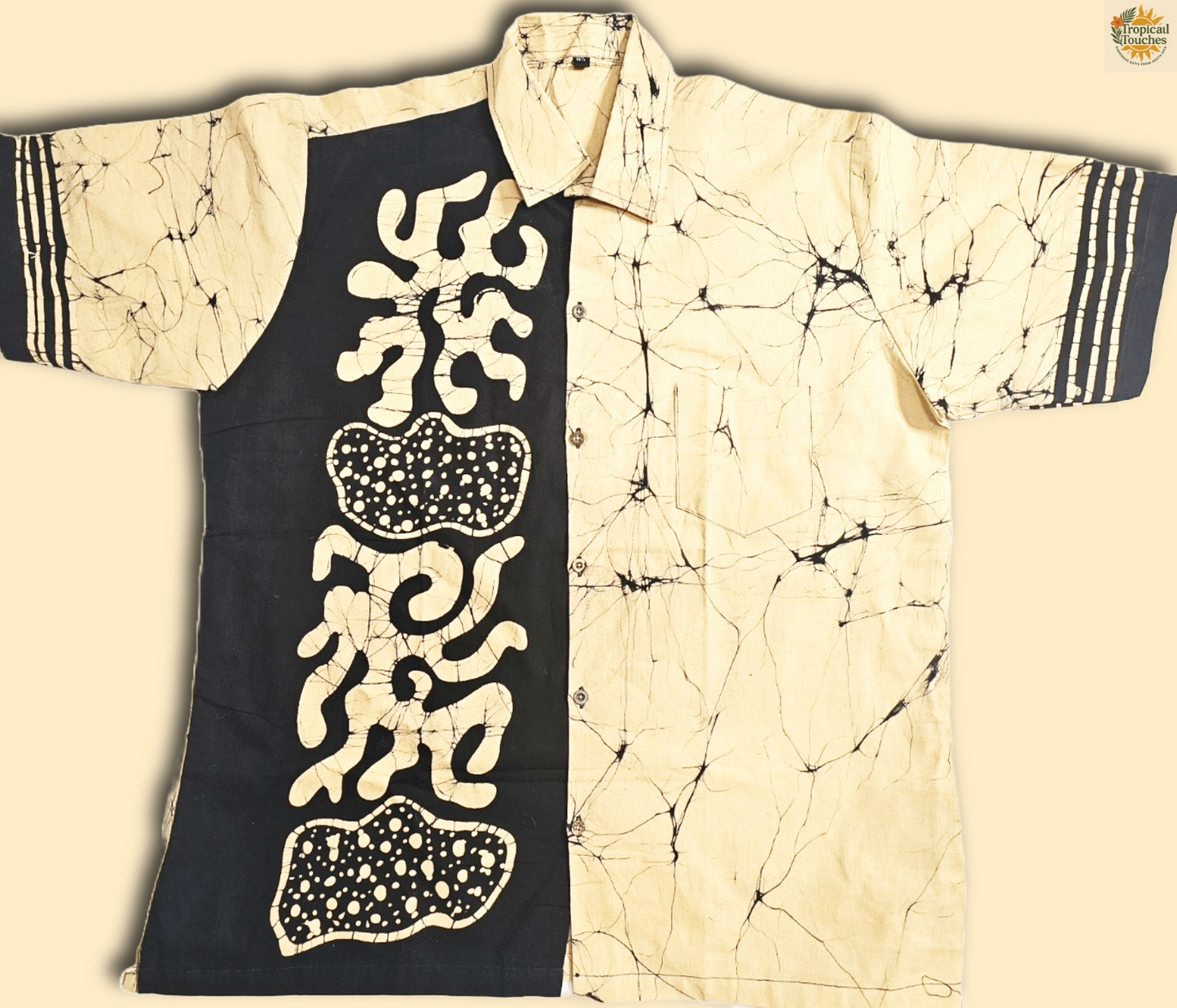 Short Sleeve Batik Style Button Collared Shirt Size (L), Tropical Theme