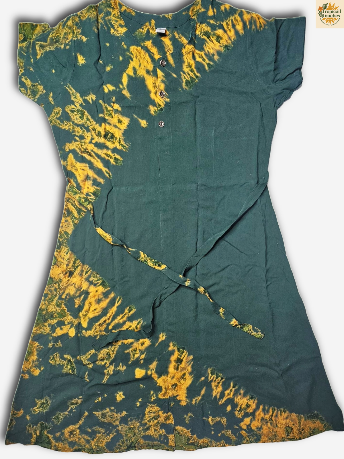 Handmade Batik Dress Green Yellow Tie-Dye Sri Lanka 100% Cotton Wrap Belt Boho M