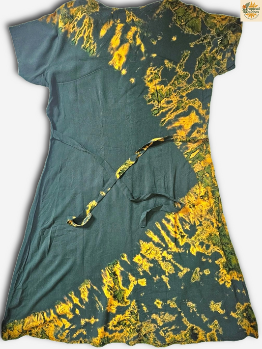 Handmade Batik Dress Green Yellow Tie-Dye Sri Lanka 100% Cotton Wrap Belt Boho M