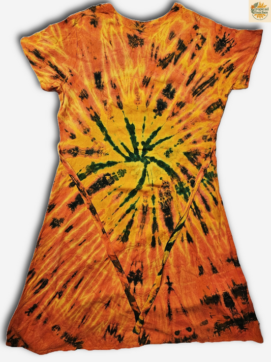 Handmade Batik Shirt Dress Tie-Dye Orange Green Spiral 100% Cotton Sri Lanka M