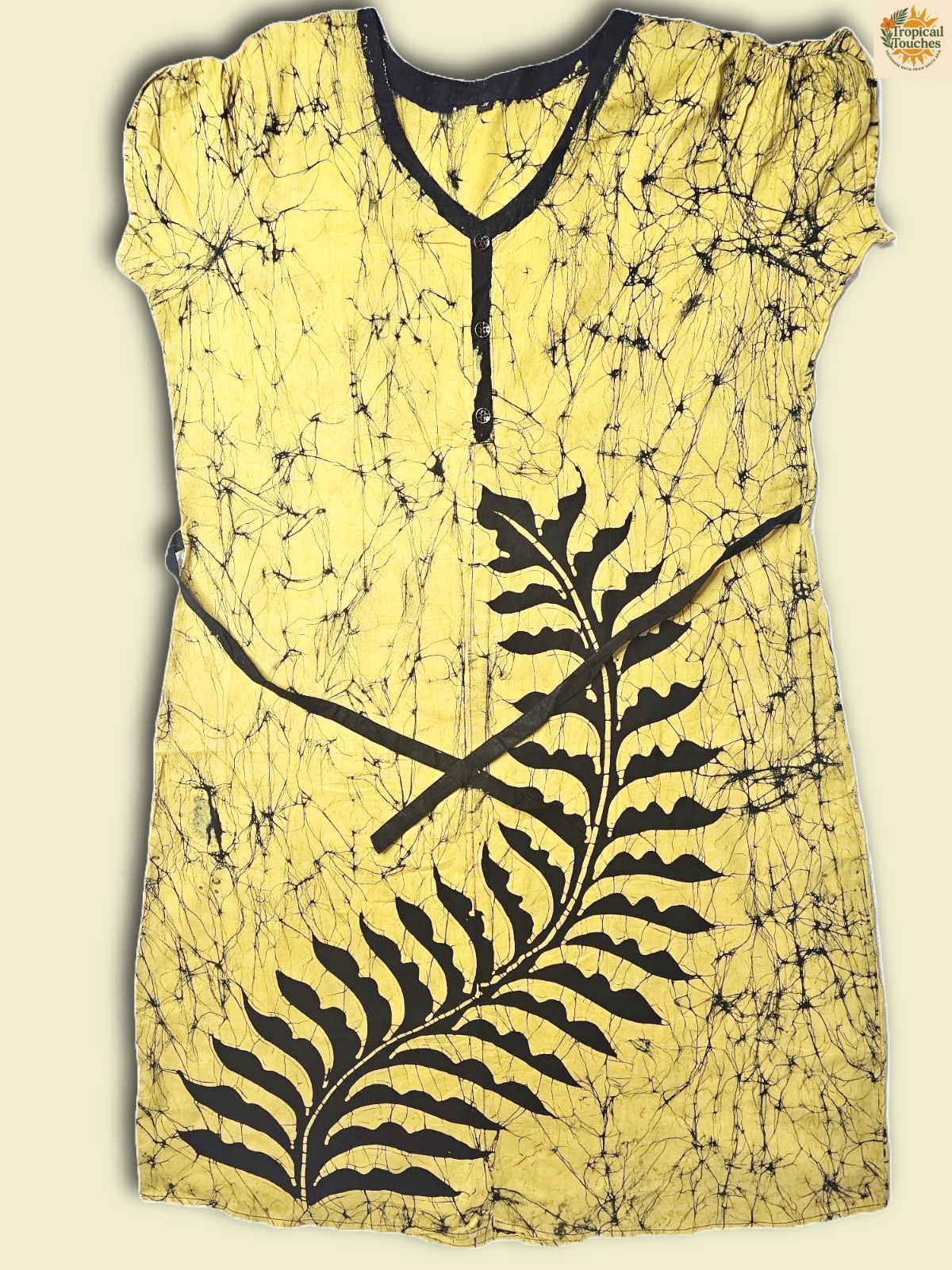 Handmade Batik Dress XL – Yellow Black Leaf Print – Sri Lanka Ethnic Boho Tunic