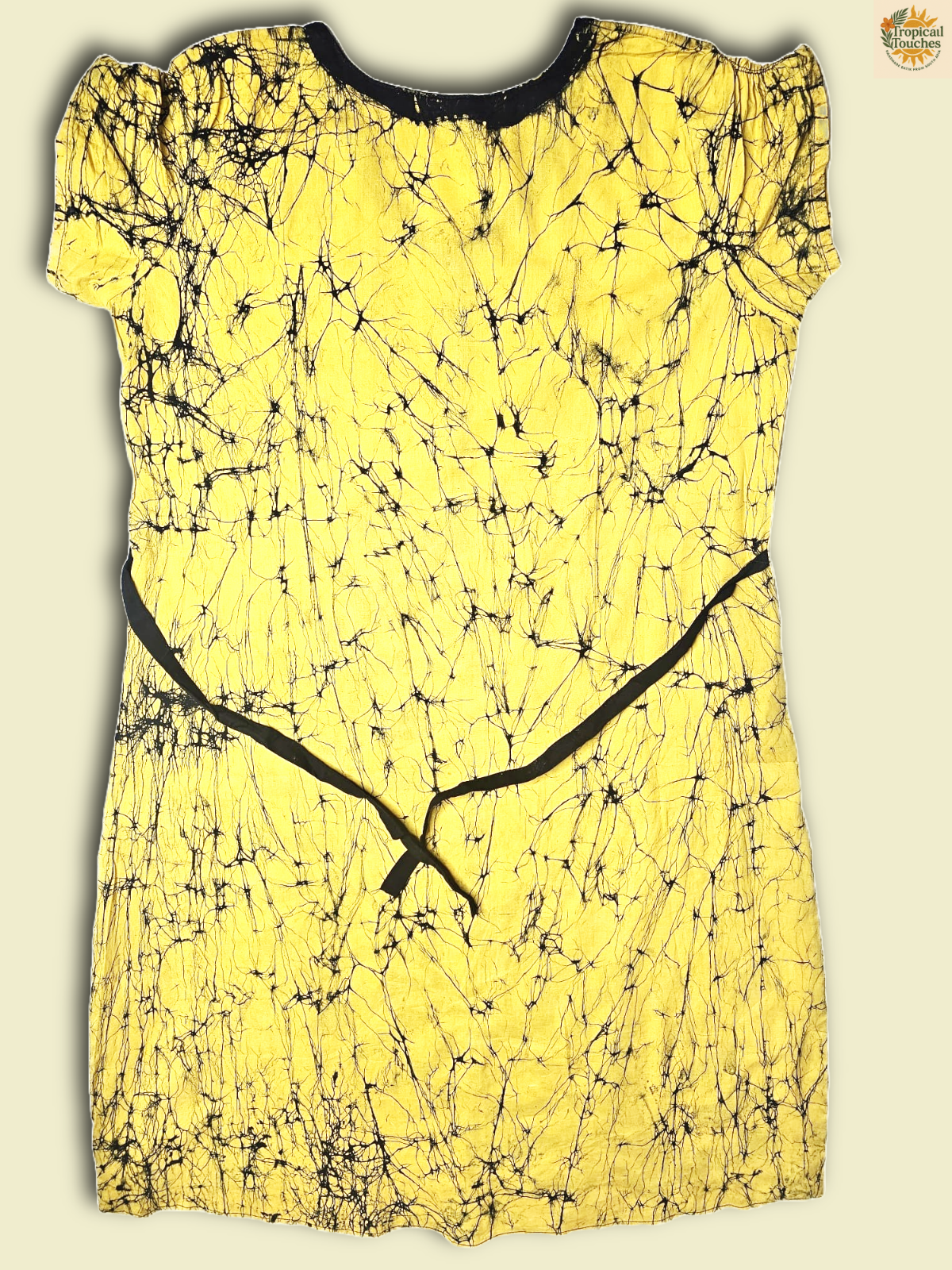 Handmade Batik Dress XL – Yellow Black Leaf Print – Sri Lanka Ethnic Boho Tunic