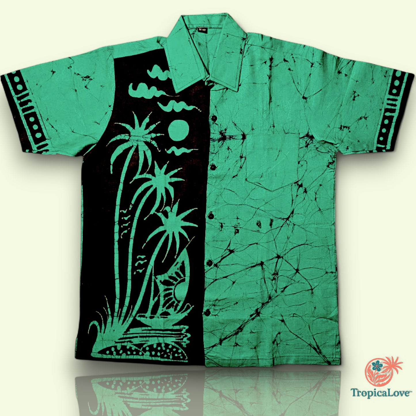 Short Sleeve Batik Style Button Collared Shirt Size (L), Tropical Theme