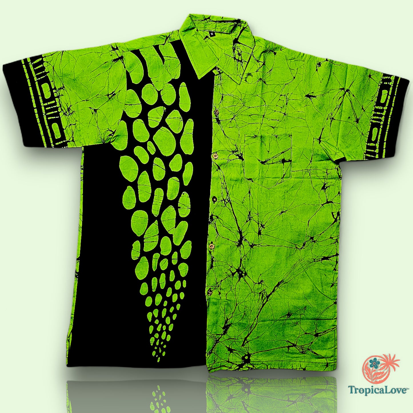 Short Sleeve Batik Style Button Collared Shirt Size (L), Tropical Theme