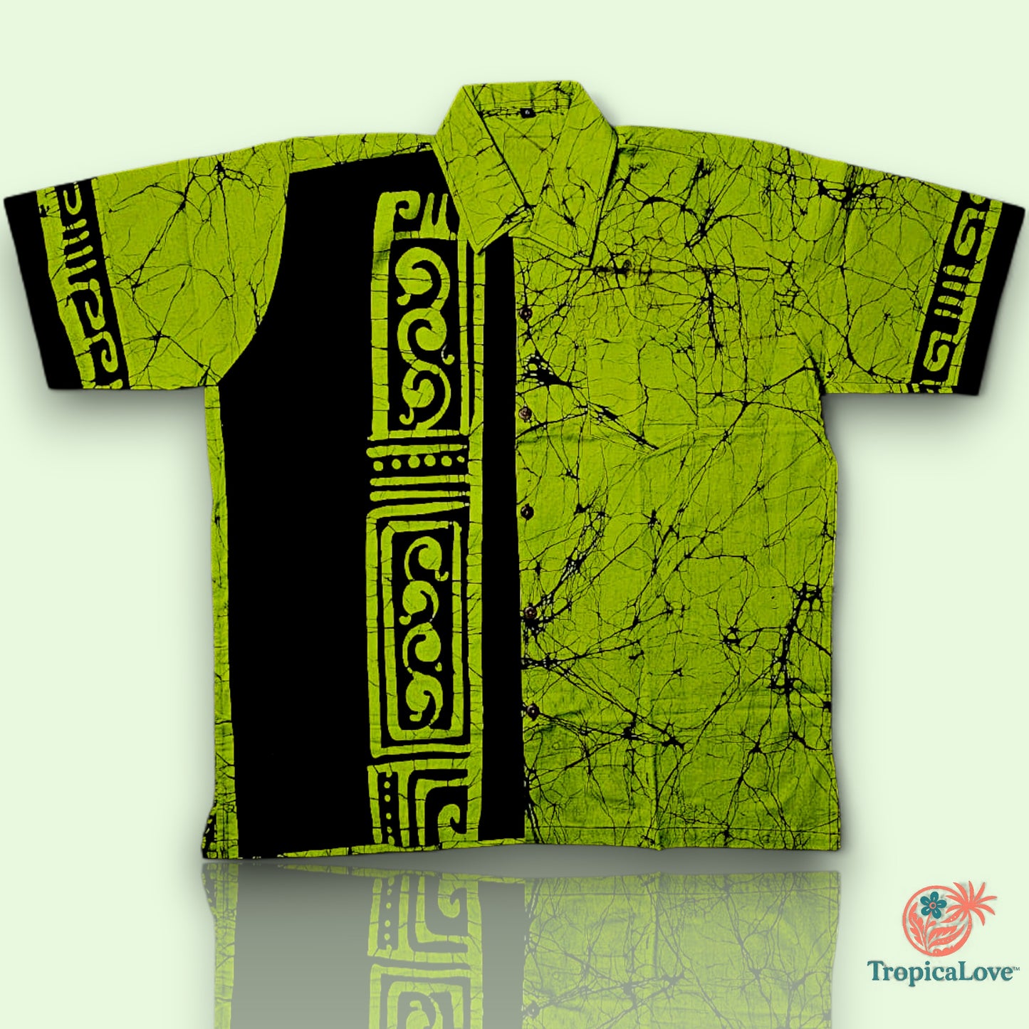 Short Sleeve Batik Style Button Collared Shirt Size (L), Tropical Theme