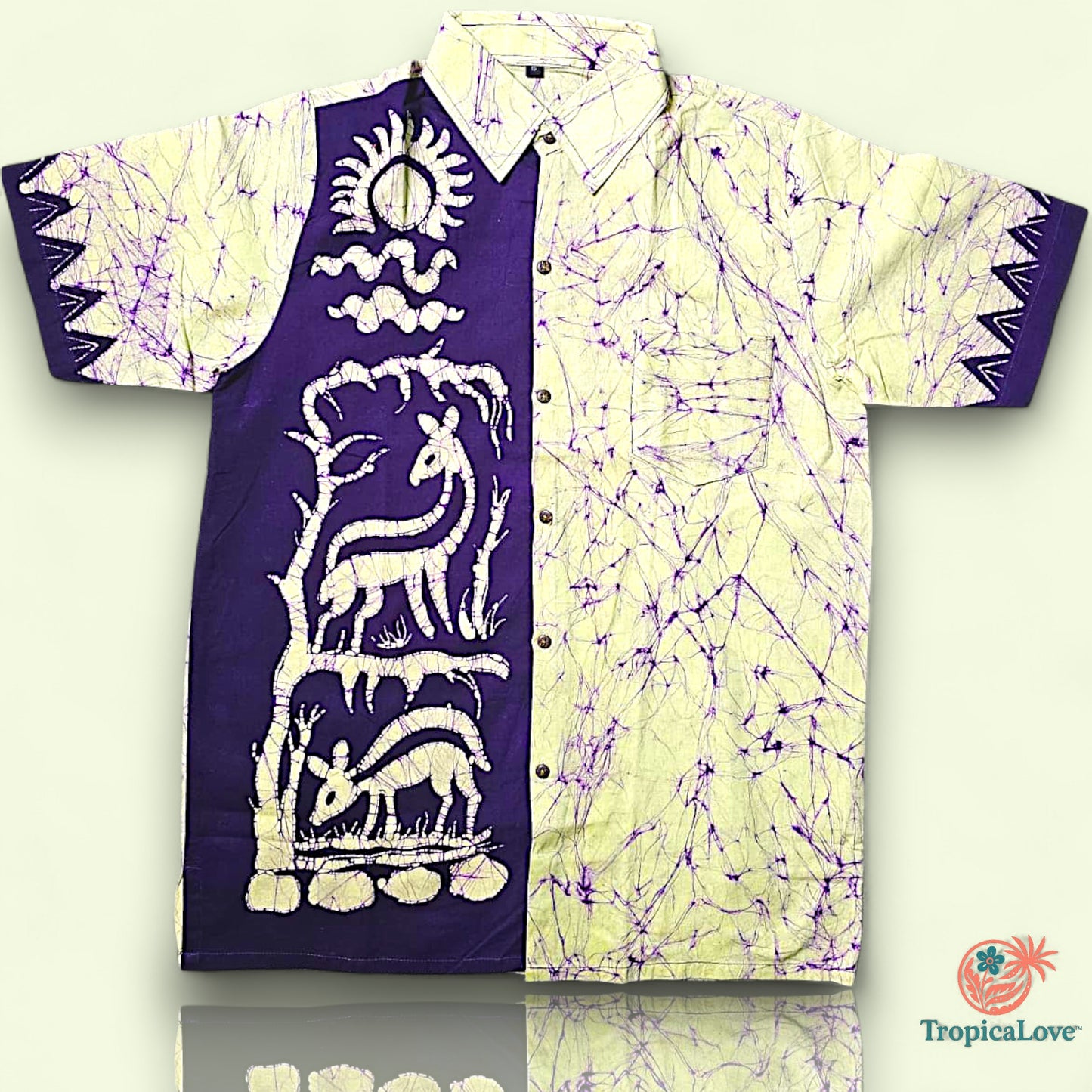 Short Sleeve Batik Style Button Collared Shirt Size (L), Tropical Theme