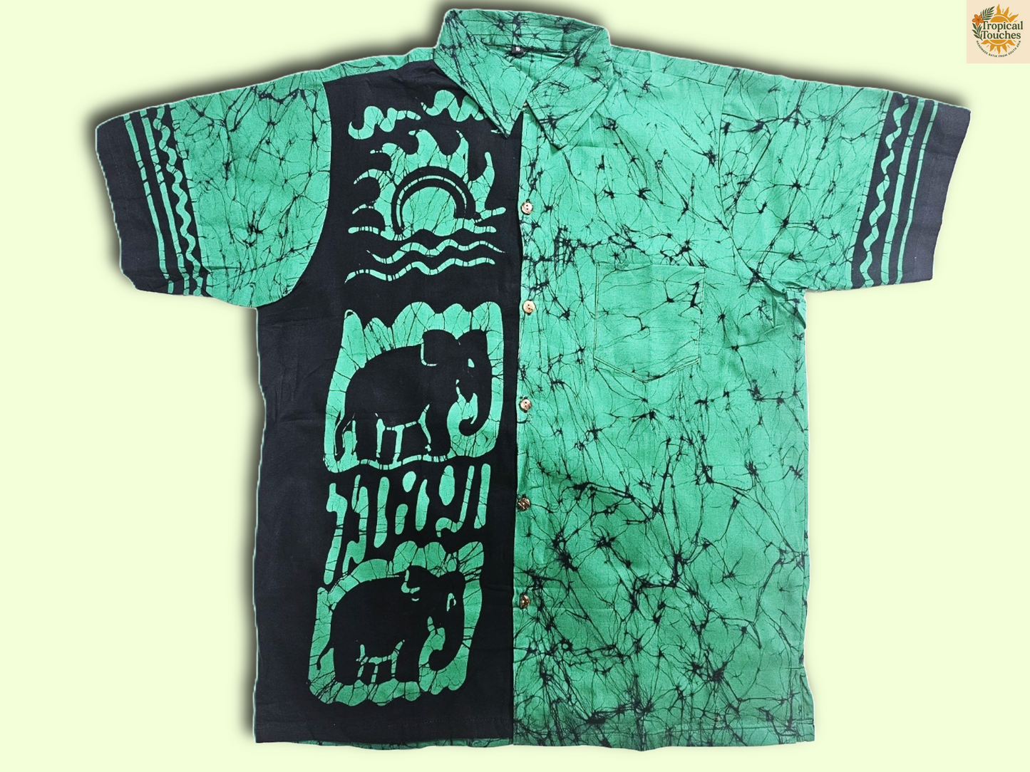 Short Sleeve Batik Style Button Collared Shirt Size (L), Tropical Theme