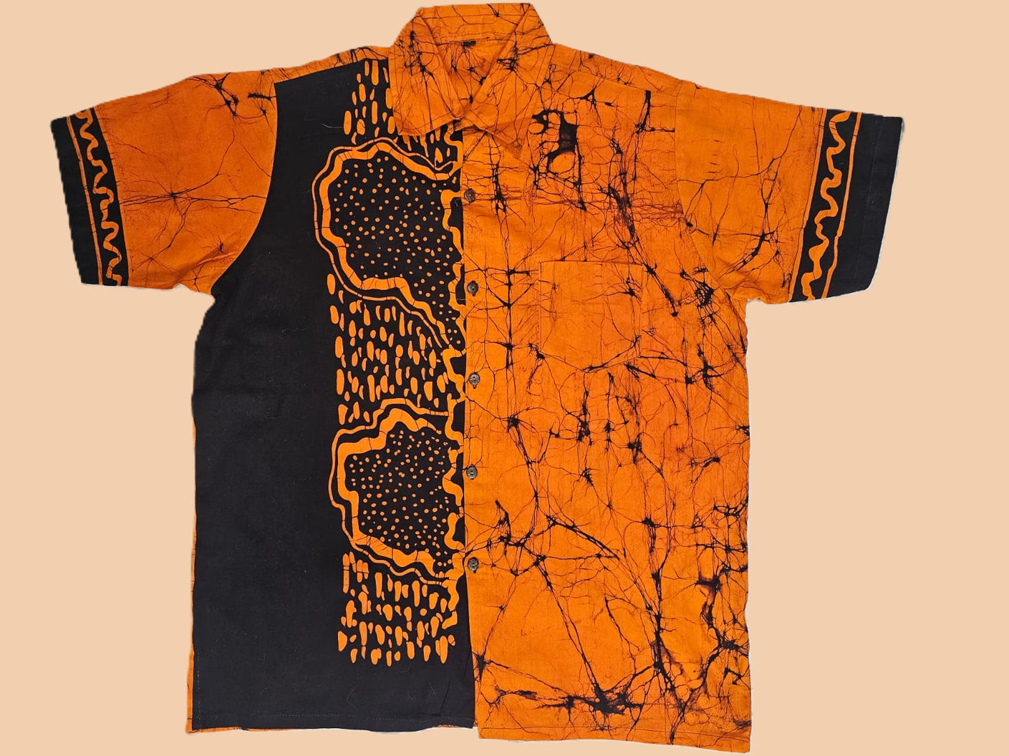 Short Sleeve Batik Style Button Collared Shirt Size (L), Tropical Theme