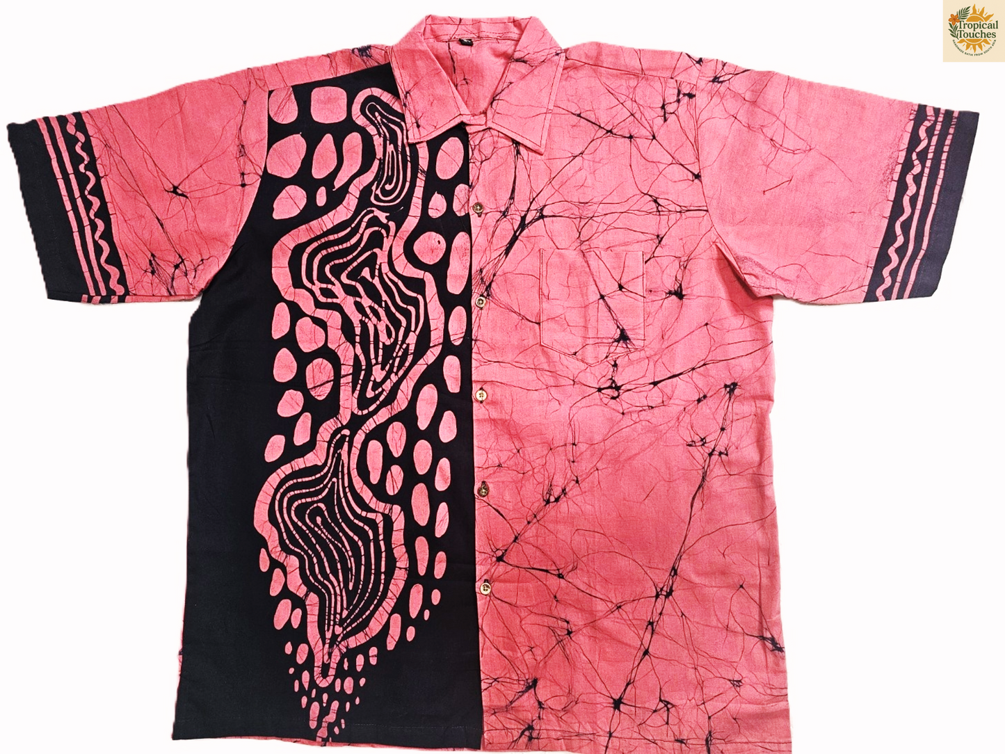 Short Sleeve Batik Style Button Collared Shirt Size (L), Tropical Theme