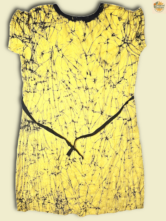 Handmade Batik Dress XL – Yellow Black Leaf Print – Sri Lanka Ethnic Boho Tunic 