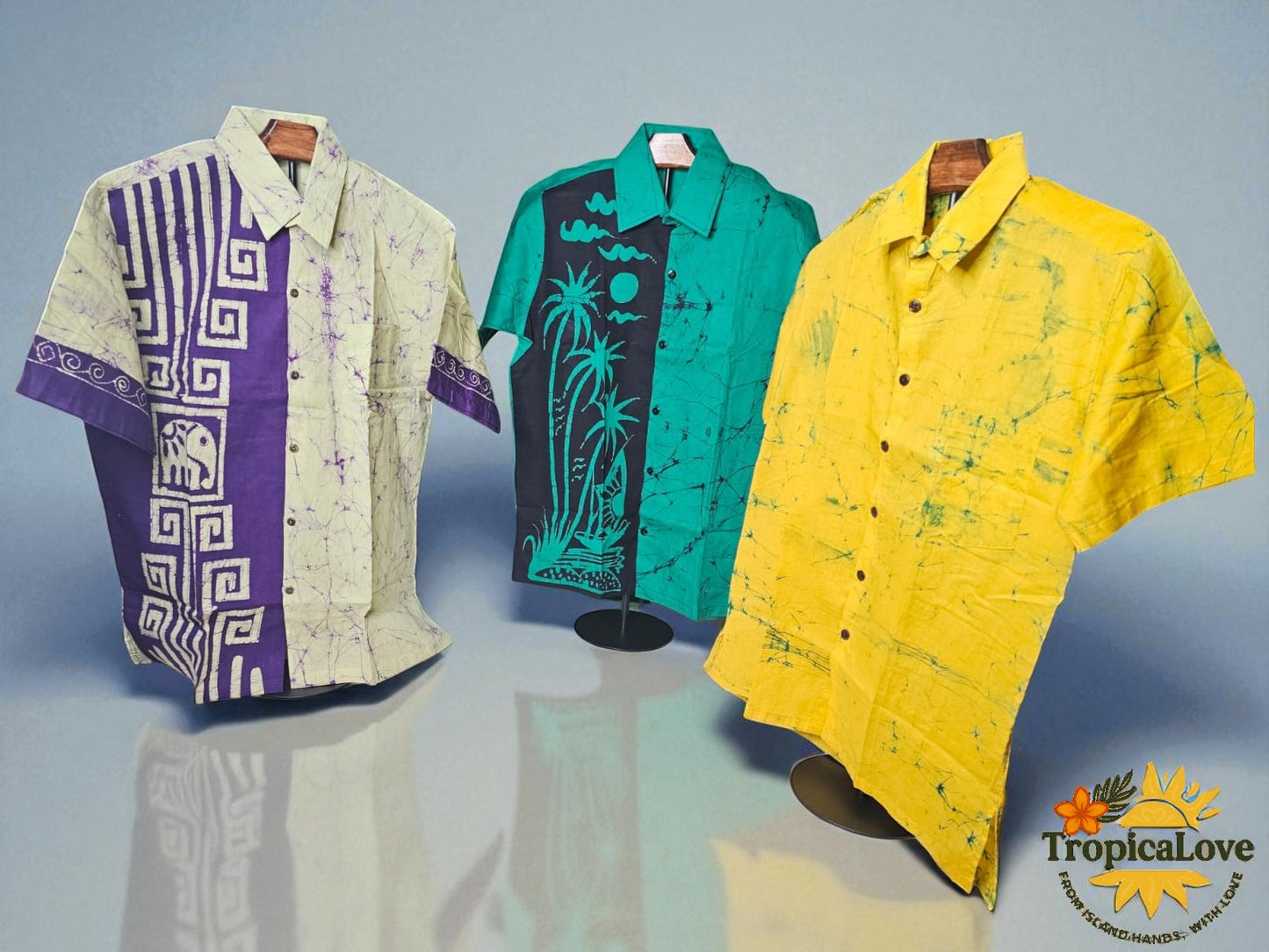 Short Sleeve Batik Style Button Collared Shirt Size (L), Tropical Theme