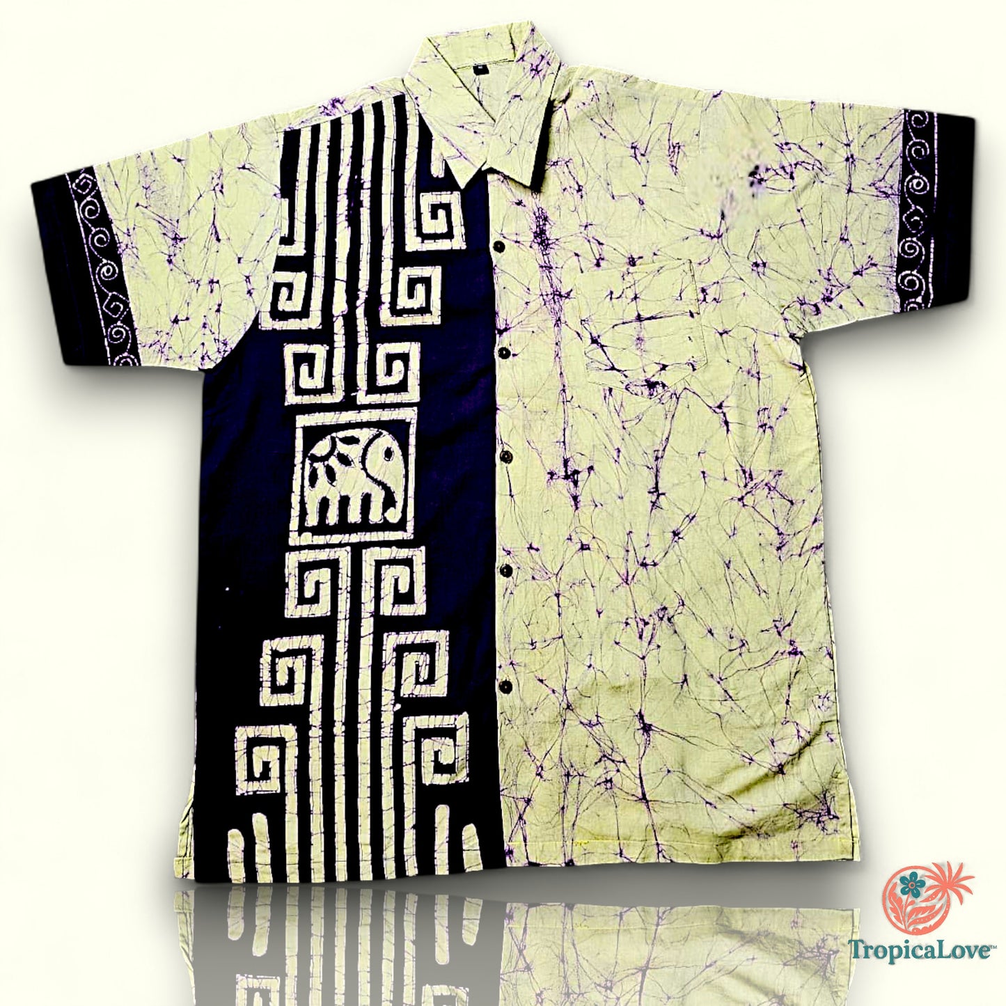 Short Sleeve Batik Style Button Collared Shirt Size (L), Tropical Theme