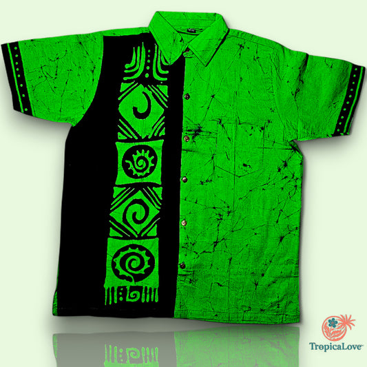 Short Sleeve Batik Style Button Collared Shirt Size (L), Tropical Theme
