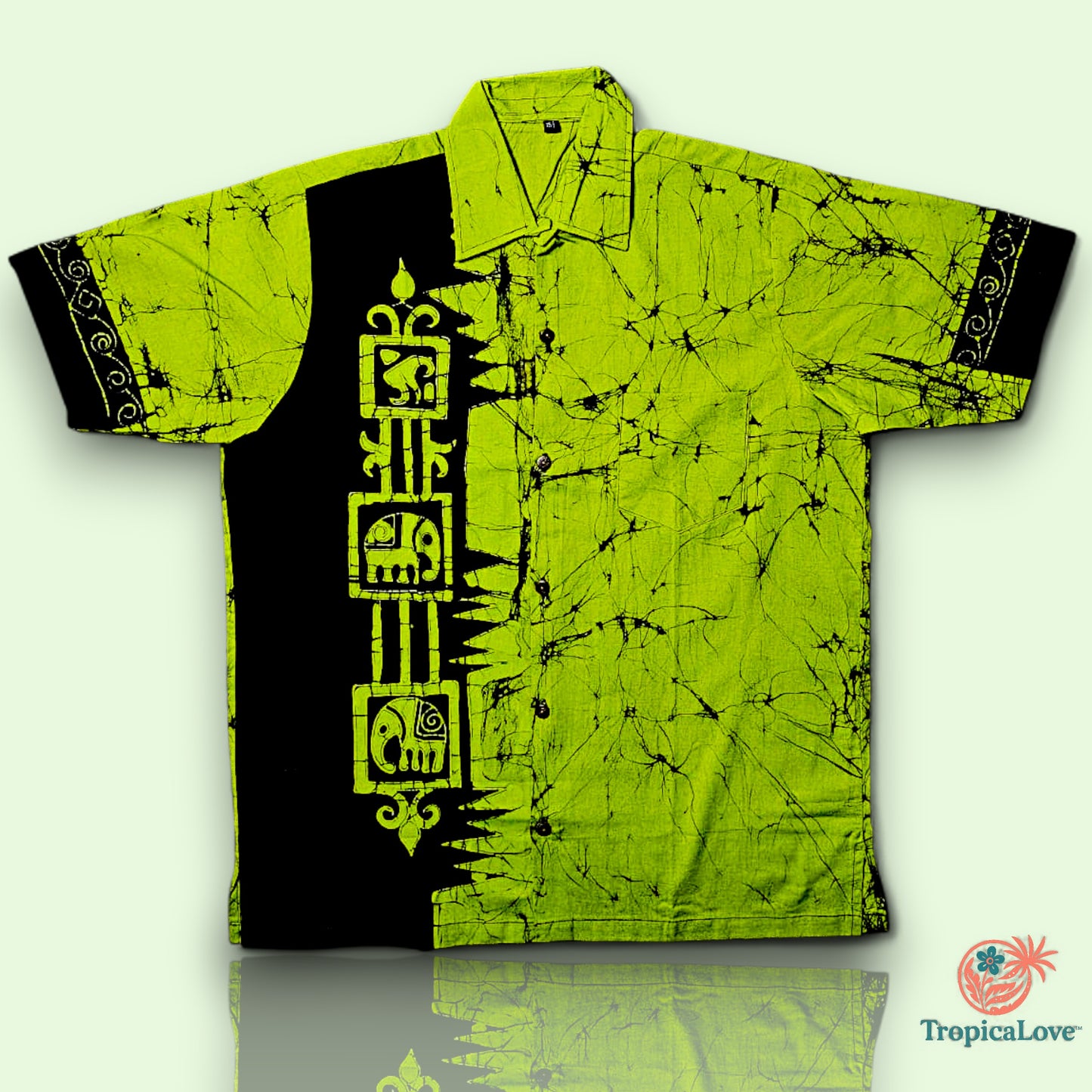 Short Sleeve Batik Style Button Collared Shirt Size (L), Tropical Theme